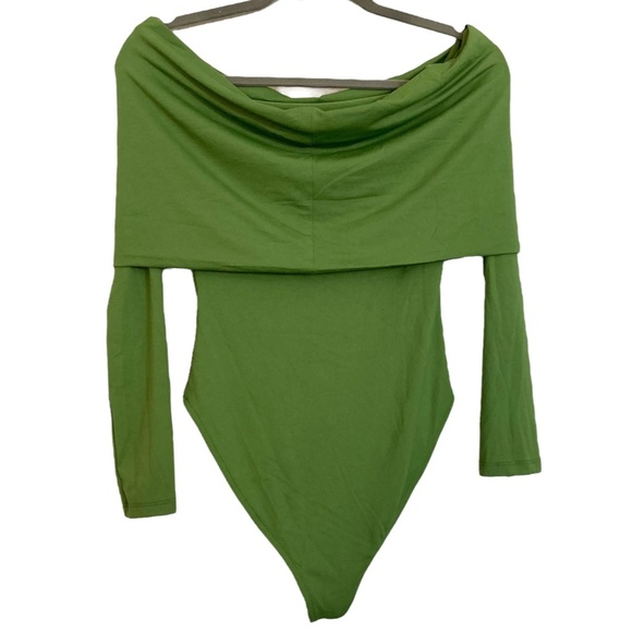 ZARA Bodysuit Long Sleeve Foldover Top Bright Olive Green Silky Smooth Stretch - Picture 11 of 15